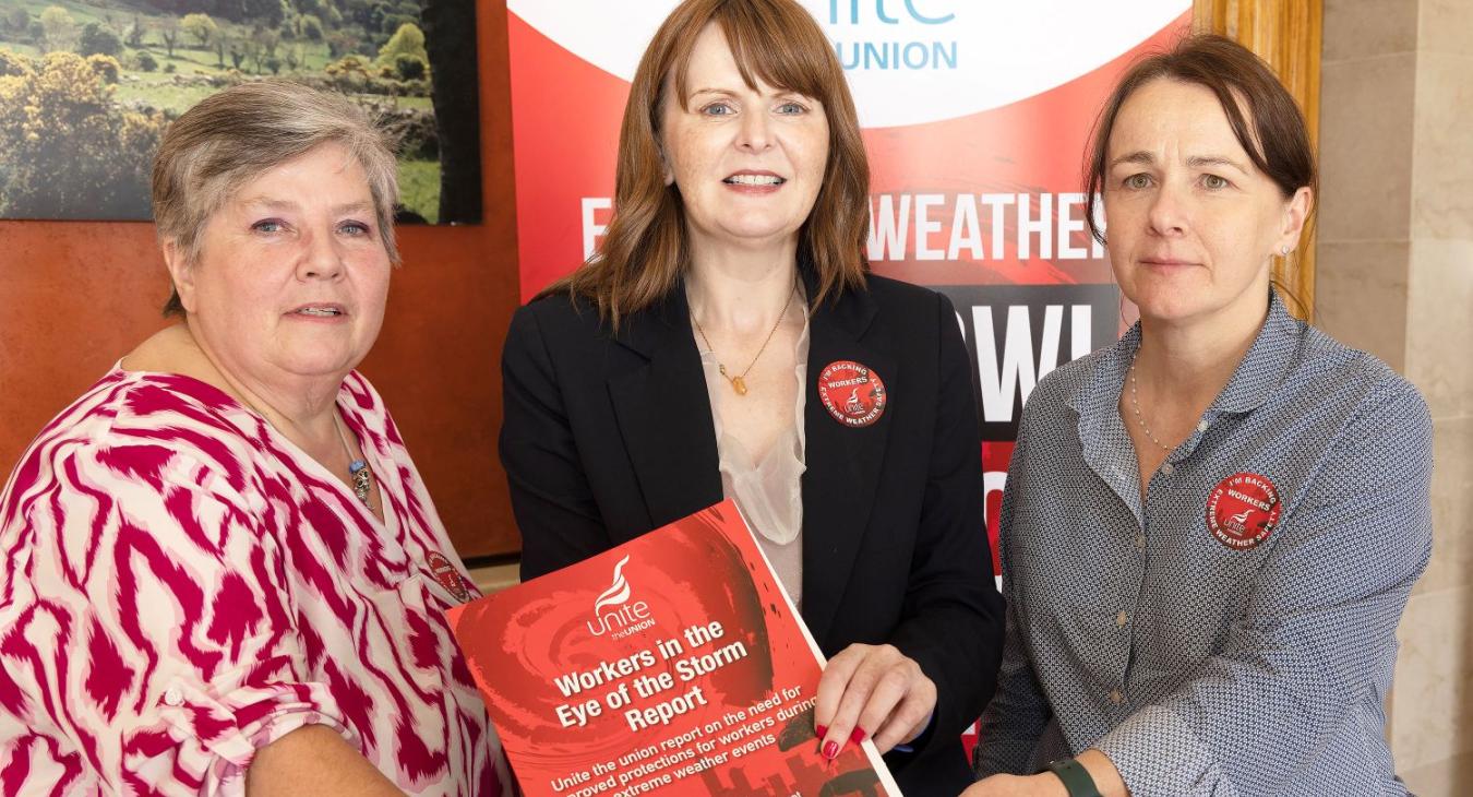 Gaye Partridge (Chair, Unite Regional Women’s Committee), Economy Minister Caoimhe Archibald and Unite Regional Secretary Susan Fitzgerald. 