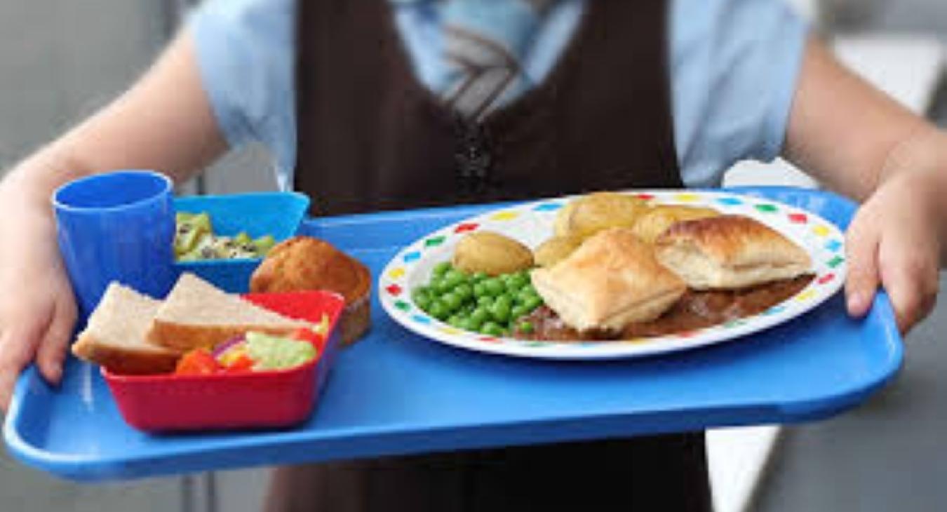 School child with meal tray